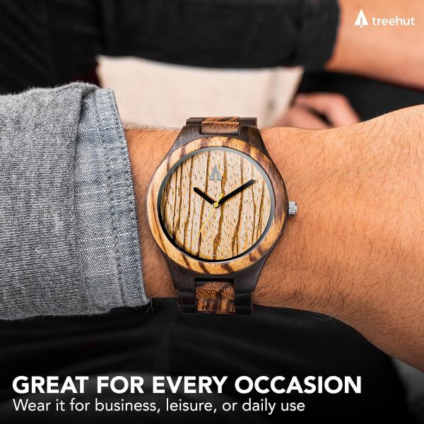 Treehut Wooden Watches for Men, Great Japanese Quartz Analog, Stylish Exotic Watch with Adjustable Stainless Steel Clasp, Buckle, Made from Ebony and Walnut Wood, Relojes Hombre Mujeres - Image 2