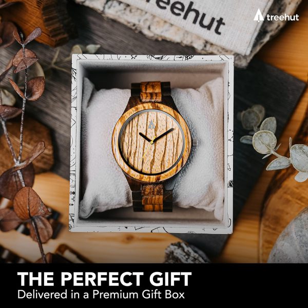 Treehut Wooden Watches for Men, Great Japanese Quartz Analog, Stylish Exotic Watch with Adjustable Stainless Steel Clasp, Buckle, Made from Ebony and Walnut Wood, Relojes Hombre Mujeres - Image 3