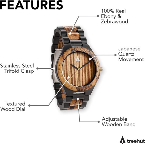 Treehut Wooden Watches for Men, Great Japanese Quartz Analog, Stylish Exotic Watch with Adjustable Stainless Steel Clasp, Buckle, Made from Ebony and Walnut Wood, Relojes Hombre Mujeres - Image 4