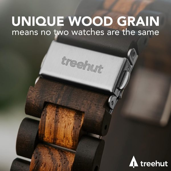 Treehut Wooden Watches for Men, Great Japanese Quartz Analog, Stylish Exotic Watch with Adjustable Stainless Steel Clasp, Buckle, Made from Ebony and Walnut Wood, Relojes Hombre Mujeres - Image 5