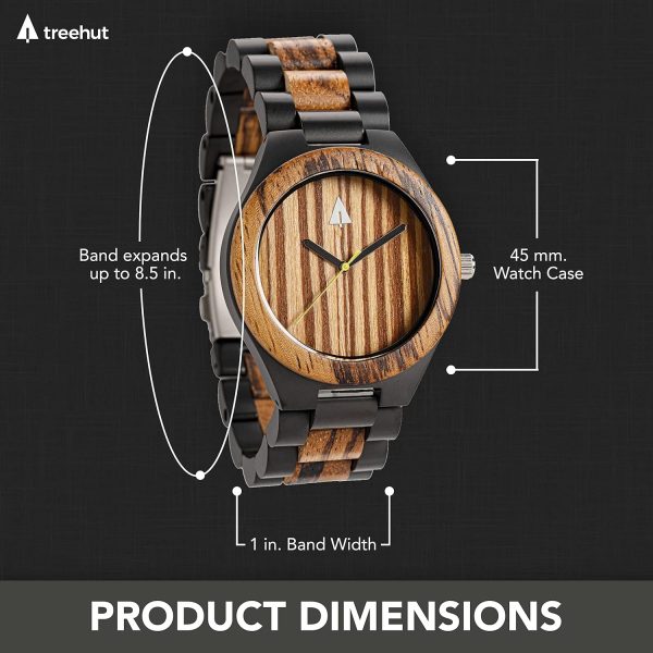 Treehut Wooden Watches for Men, Great Japanese Quartz Analog, Stylish Exotic Watch with Adjustable Stainless Steel Clasp, Buckle, Made from Ebony and Walnut Wood, Relojes Hombre Mujeres - Image 6