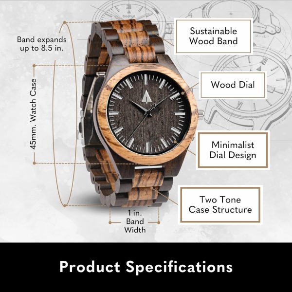 Treehut Wooden Watches for Men, Great Japanese Quartz Analog, Stylish Exotic Watch with Adjustable Stainless Steel Clasp, Buckle, Made from Ebony and Walnut Wood, Relojes Hombre Mujeres - Image 11