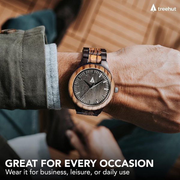Treehut Wooden Watches for Men, Great Japanese Quartz Analog, Stylish Exotic Watch with Adjustable Stainless Steel Clasp, Buckle, Made from Ebony and Walnut Wood, Relojes Hombre Mujeres - Image 15