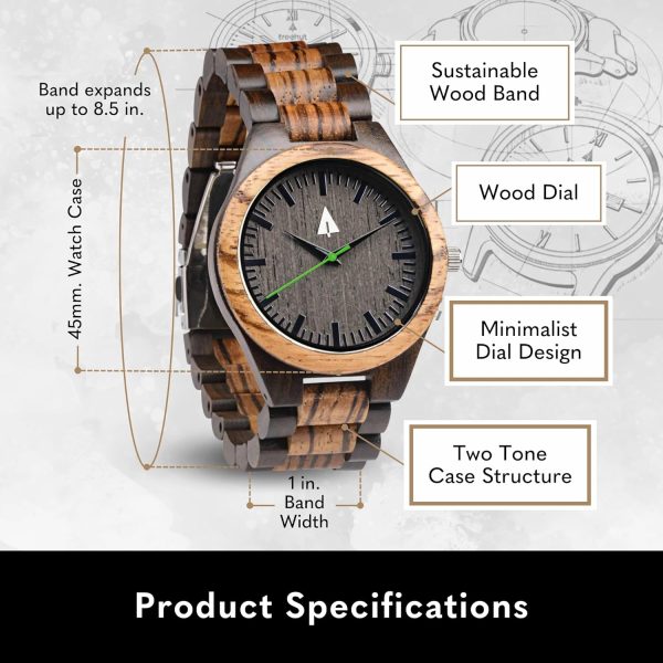 Treehut Wooden Watches for Men, Great Japanese Quartz Analog, Stylish Exotic Watch with Adjustable Stainless Steel Clasp, Buckle, Made from Ebony and Walnut Wood, Relojes Hombre Mujeres - Image 20