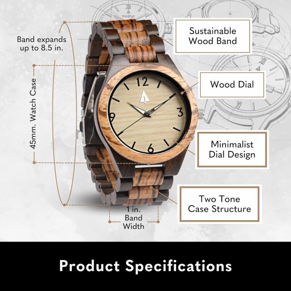 Treehut Wooden Watches for Men, Great Japanese Quartz Analog, Stylish Exotic Watch with Adjustable Stainless Steel Clasp, Buckle, Made from Ebony and Walnut Wood, Relojes Hombre Mujeres - Image 25
