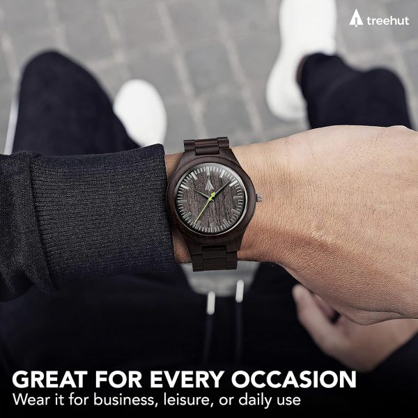 Treehut Wooden Watches for Men, Japanese Quartz Movement, Stylish Exotic Wrist Watch with Stainless Steel Buckle, Adjustable Straps, Watch Made from Ebony Wood, Relojes para Hombre - Image 2