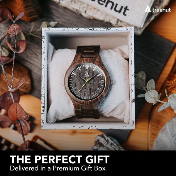 Treehut Wooden Watches for Men, Japanese Quartz Movement, Stylish Exotic Wrist Watch with Stainless Steel Buckle, Adjustable Straps, Watch Made from Ebony Wood, Relojes para Hombre - Image 3