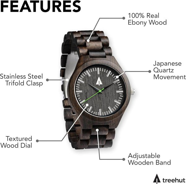 Treehut Wooden Watches for Men, Japanese Quartz Movement, Stylish Exotic Wrist Watch with Stainless Steel Buckle, Adjustable Straps, Watch Made from Ebony Wood, Relojes para Hombre - Image 4