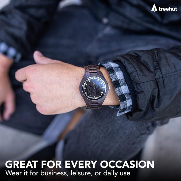 Treehut Wooden Watches for Men, Japanese Quartz Movement, Stylish Exotic Wrist Watch with Stainless Steel Buckle, Adjustable Straps, Watch Made from Ebony Wood, Relojes para Hombre - Image 2