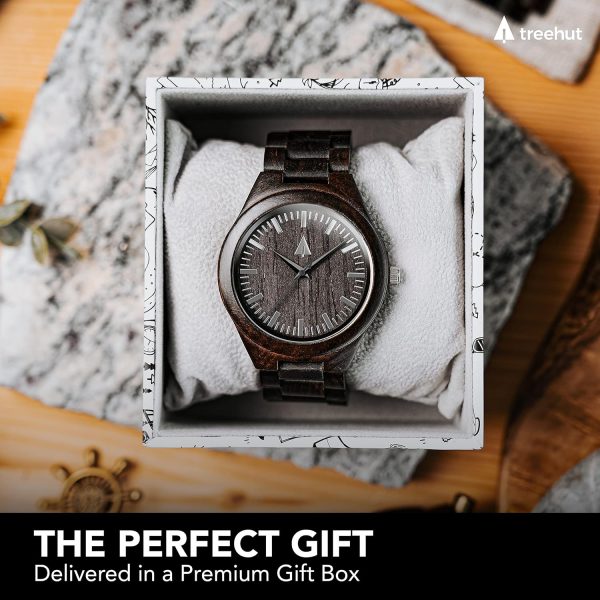 Treehut Wooden Watches for Men, Japanese Quartz Movement, Stylish Exotic Wrist Watch with Stainless Steel Buckle, Adjustable Straps, Watch Made from Ebony Wood, Relojes para Hombre - Image 3