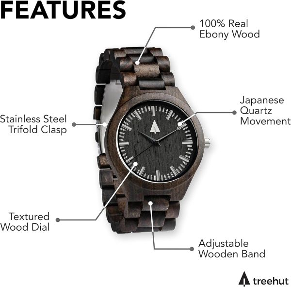 Treehut Wooden Watches for Men, Japanese Quartz Movement, Stylish Exotic Wrist Watch with Stainless Steel Buckle, Adjustable Straps, Watch Made from Ebony Wood, Relojes para Hombre - Image 4