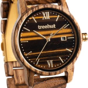 Treehut Wooden Watch for Men with Wooden Strap and Gift Box, Stainless Steel Clasp & Silver Hands – Japanese Quartz Analog Watch with Date – Wrist Watch Made from Real Wood Great Gifts for Men