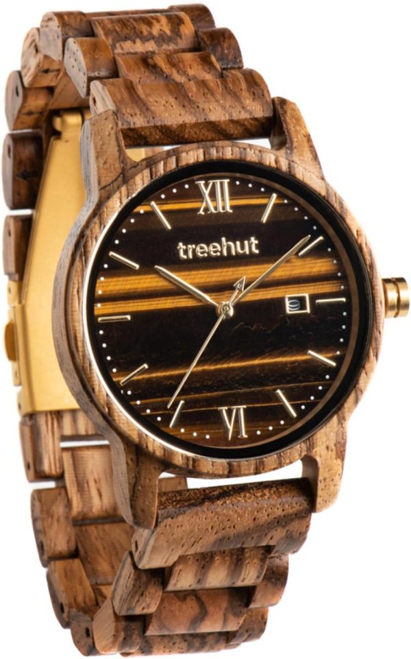 Treehut Wooden Watch for Men with Wooden Strap and Gift Box, Stainless Steel Clasp & Silver Hands – Japanese Quartz Analog Watch with Date – Wrist Watch Made from Real Wood Great Gifts for Men