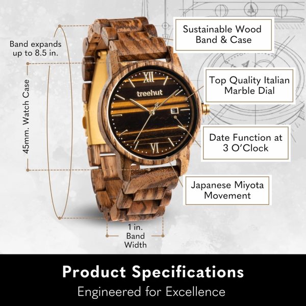 Treehut Wooden Watch for Men with Wooden Strap and Gift Box, Stainless Steel Clasp & Silver Hands – Japanese Quartz Analog Watch with Date – Wrist Watch Made from Real Wood Great Gifts for Men - Image 4