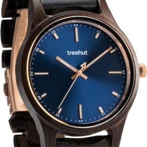 Treehut Dubline Wooden Watch for Men l Made from Sustainably Sourced Black Ebony Wood with Blue Face and Rose Gold Stainless Steel Details l Glow in The Dark Hands