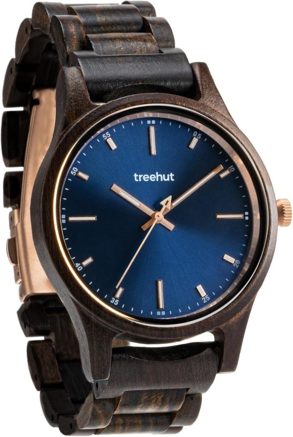 Treehut Dubline Wooden Watch for Men l Made from Sustainably Sourced Black Ebony Wood with Blue Face and Rose Gold Stainless Steel Details l Glow in The Dark Hands