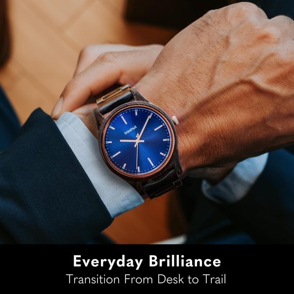 Treehut Dubline Wooden Watch for Men l Made from Sustainably Sourced Black Ebony Wood with Blue Face and Rose Gold Stainless Steel Details l Glow in The Dark Hands - Image 2