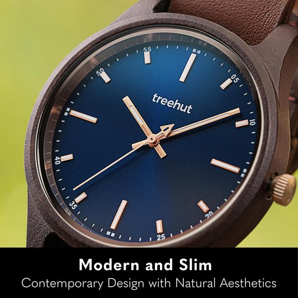 Treehut Dubline Wooden Watch for Men l Made from Sustainably Sourced Black Ebony Wood with Blue Face and Rose Gold Stainless Steel Details l Glow in The Dark Hands - Image 3