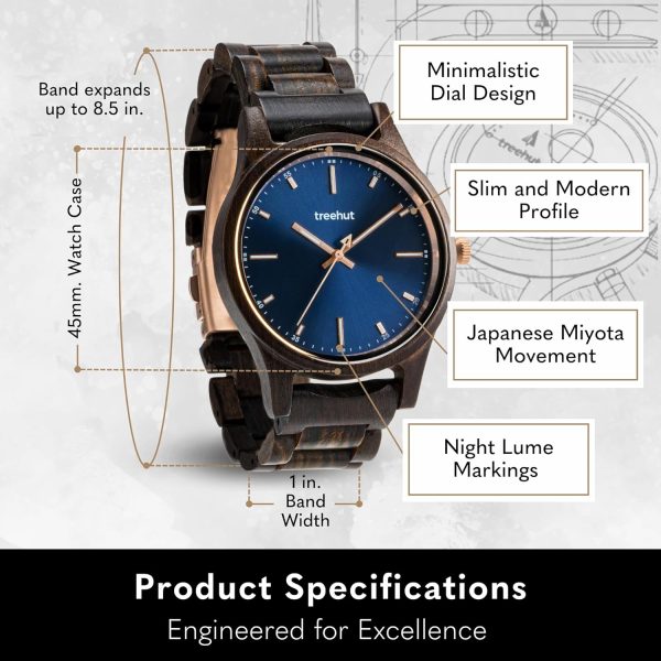 Treehut Dubline Wooden Watch for Men l Made from Sustainably Sourced Black Ebony Wood with Blue Face and Rose Gold Stainless Steel Details l Glow in The Dark Hands - Image 4