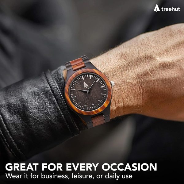 Treehut Wooden Watches for Men, Japanese Quartz Movement, Stylish Exotic Wrist Watch with Adjustable Stainless Steel Buckle, Wooden Straps, Watch Made from Ebony and Redwood, Relojes para Hombre - Image 2