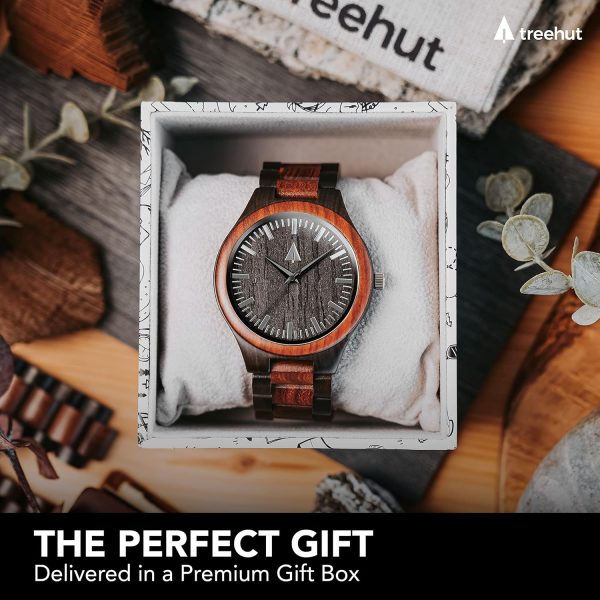 Treehut Wooden Watches for Men, Japanese Quartz Movement, Stylish Exotic Wrist Watch with Adjustable Stainless Steel Buckle, Wooden Straps, Watch Made from Ebony and Redwood, Relojes para Hombre - Image 3