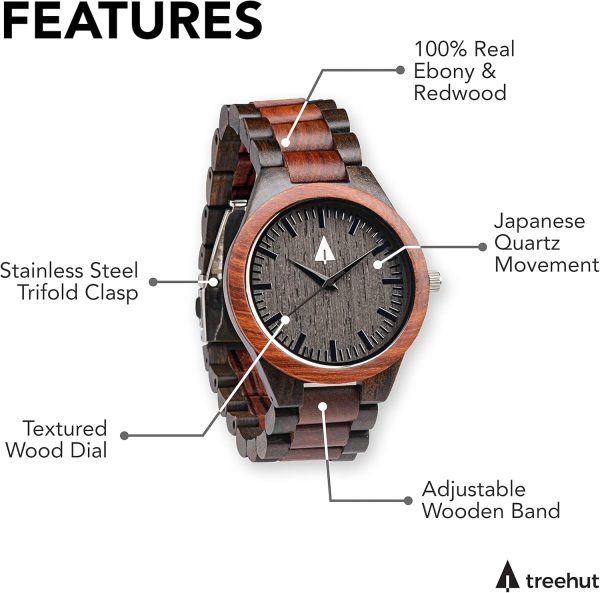 Treehut Wooden Watches for Men, Japanese Quartz Movement, Stylish Exotic Wrist Watch with Adjustable Stainless Steel Buckle, Wooden Straps, Watch Made from Ebony and Redwood, Relojes para Hombre - Image 4